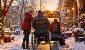 Getting rehab clients home for christmas – wheelchair user boarding a wheelchair accessible vehicle on a festive street