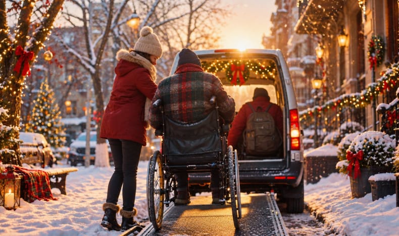 Getting rehab clients home for christmas – wheelchair user boarding a wheelchair accessible vehicle on a festive street